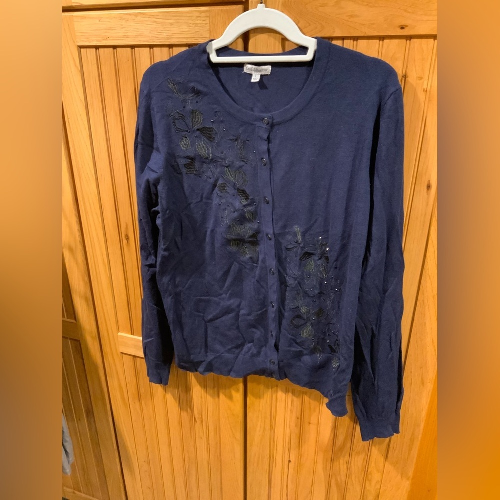 Croft & Barrow Dark Blue Cardigan with Black Embroidery